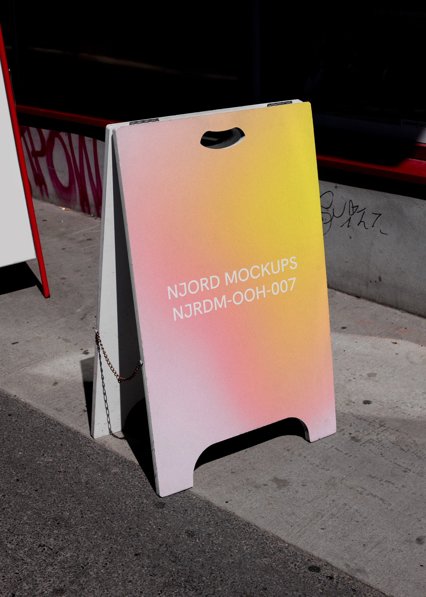 Wooden sidewalk sign mockup design near a cafe in Oslo Norway
