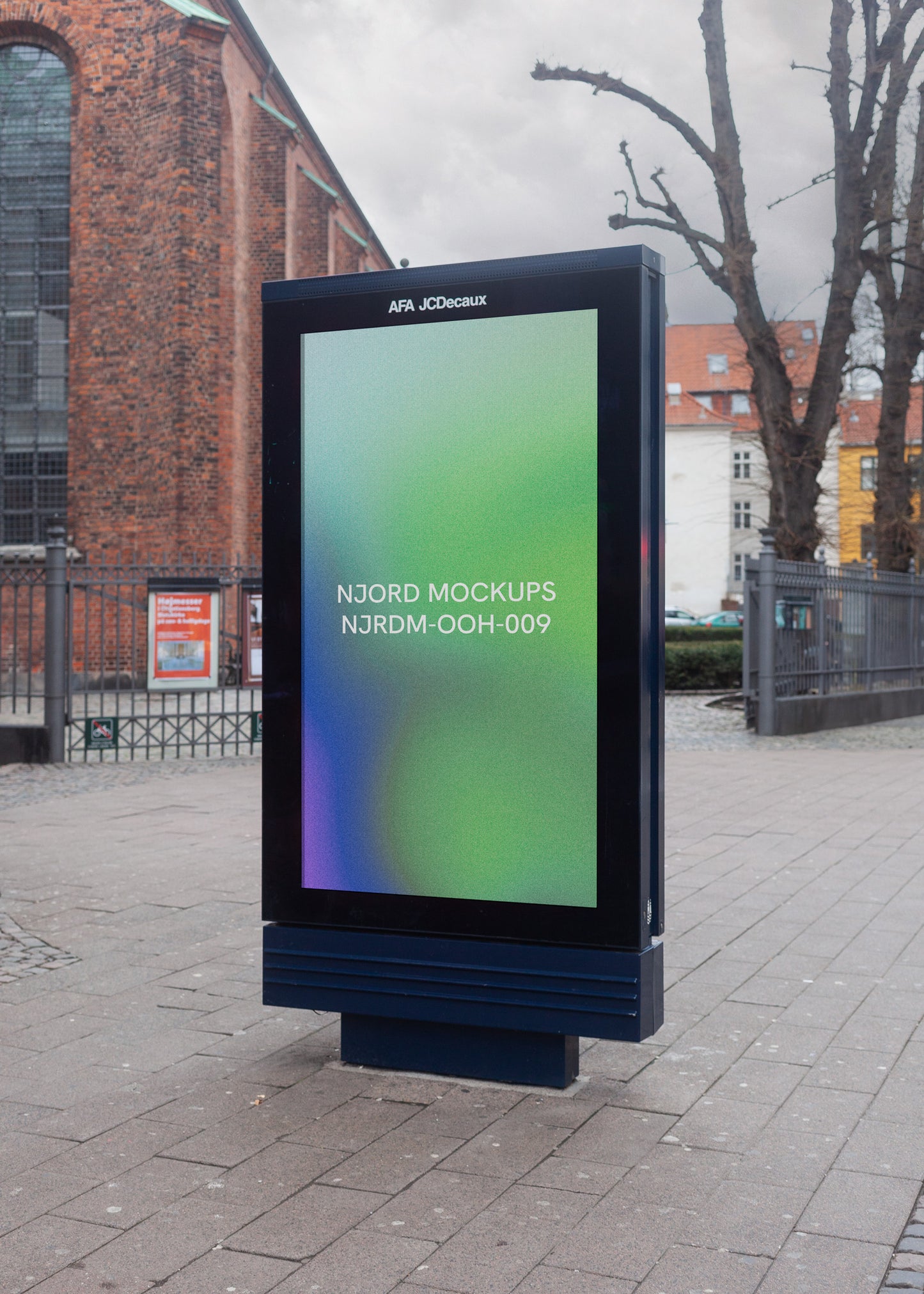 Digital AFA Decaux Abribus mockup in Central Copenhagen cloudy sky