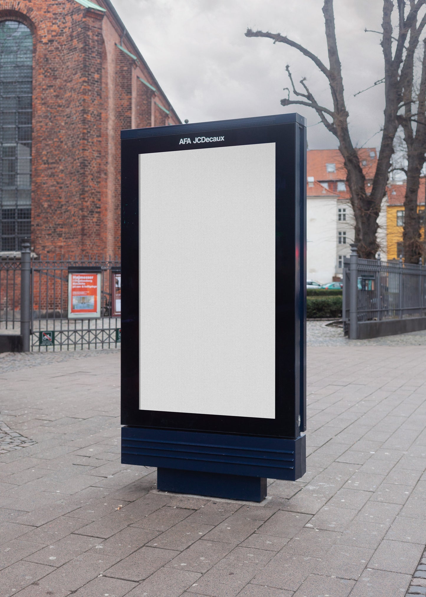 Empty Digital AFA Decaux Abribus mockup in Central Copenhagen with cloudy sky